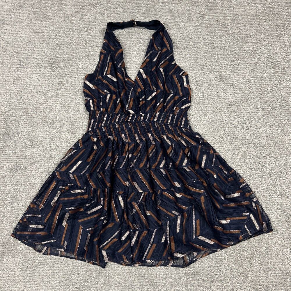 Ramy Brook Dress Womens XS Blanch Metallic Halter Mini Spring Navy Lined Party